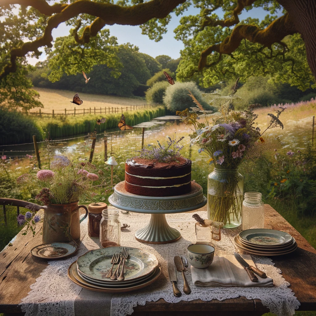 A picturesque country setting with a bar one cake